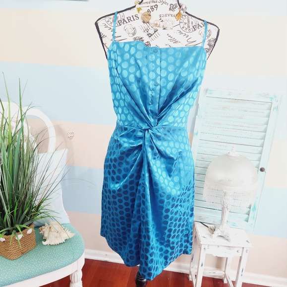 NWT LuLus Lush Celine Teal Blue Satin Polka Dot Twist-Front Mini Dress - Picture 3 of 11